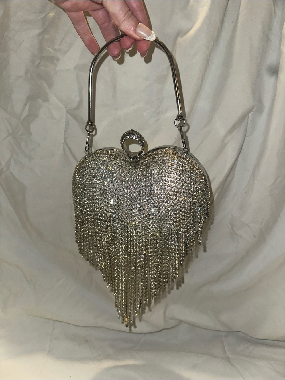 Crystal Fringe Heart Evening Bag - Silver